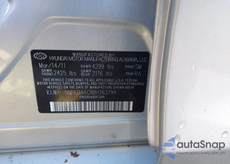 2011 Hyundai Sonata Gls from USA, damaged, VIN 5NPEB4AC8BH263794
